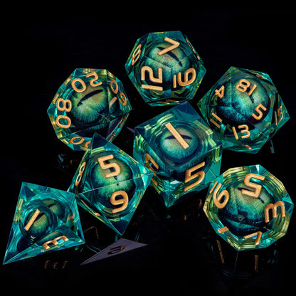 7 Piece Handcrafted Sharp Edged Dice Set With Liquid Core Eyeball