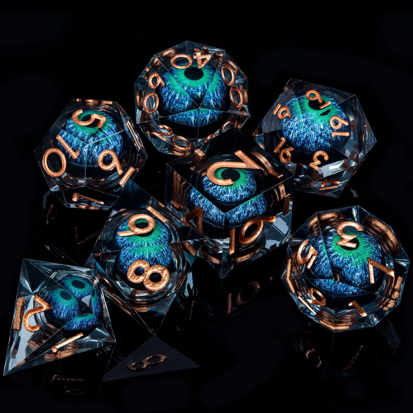 7 Piece Handcrafted Sharp Edged Dice Set With Liquid Core Eyeball