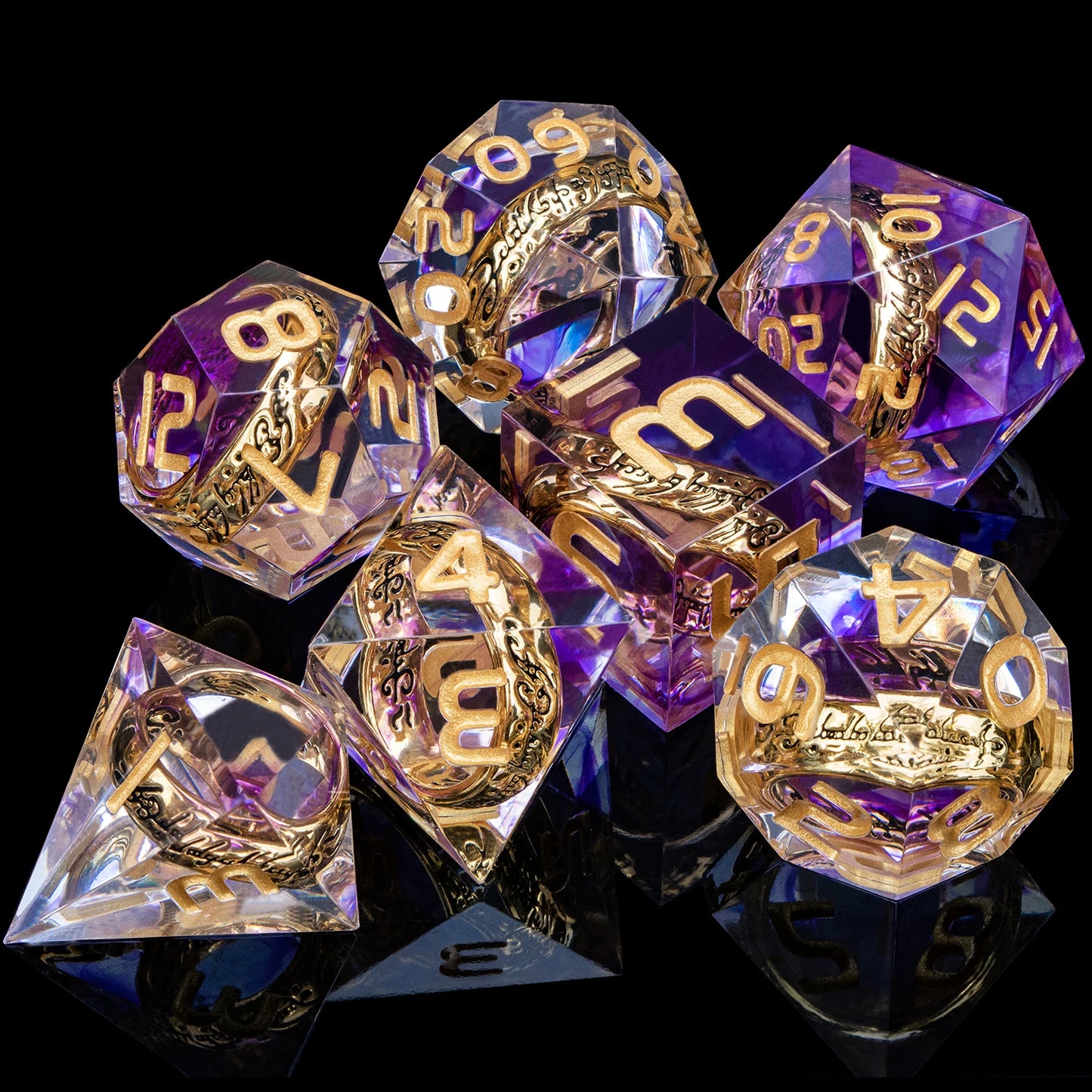 7 Piece Handcrafted Sharp Edged Dice Set With Liquid Core Eyeball