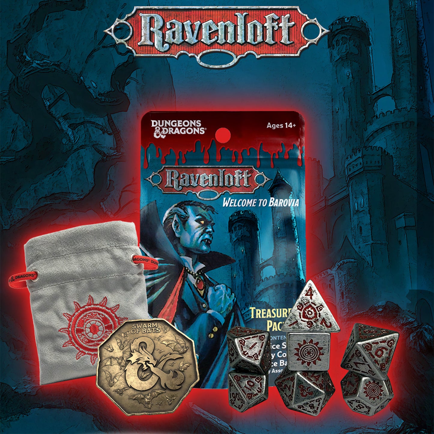 Ravenloft Dungeons & Dragons treasure pack with dice and bags on a dark background