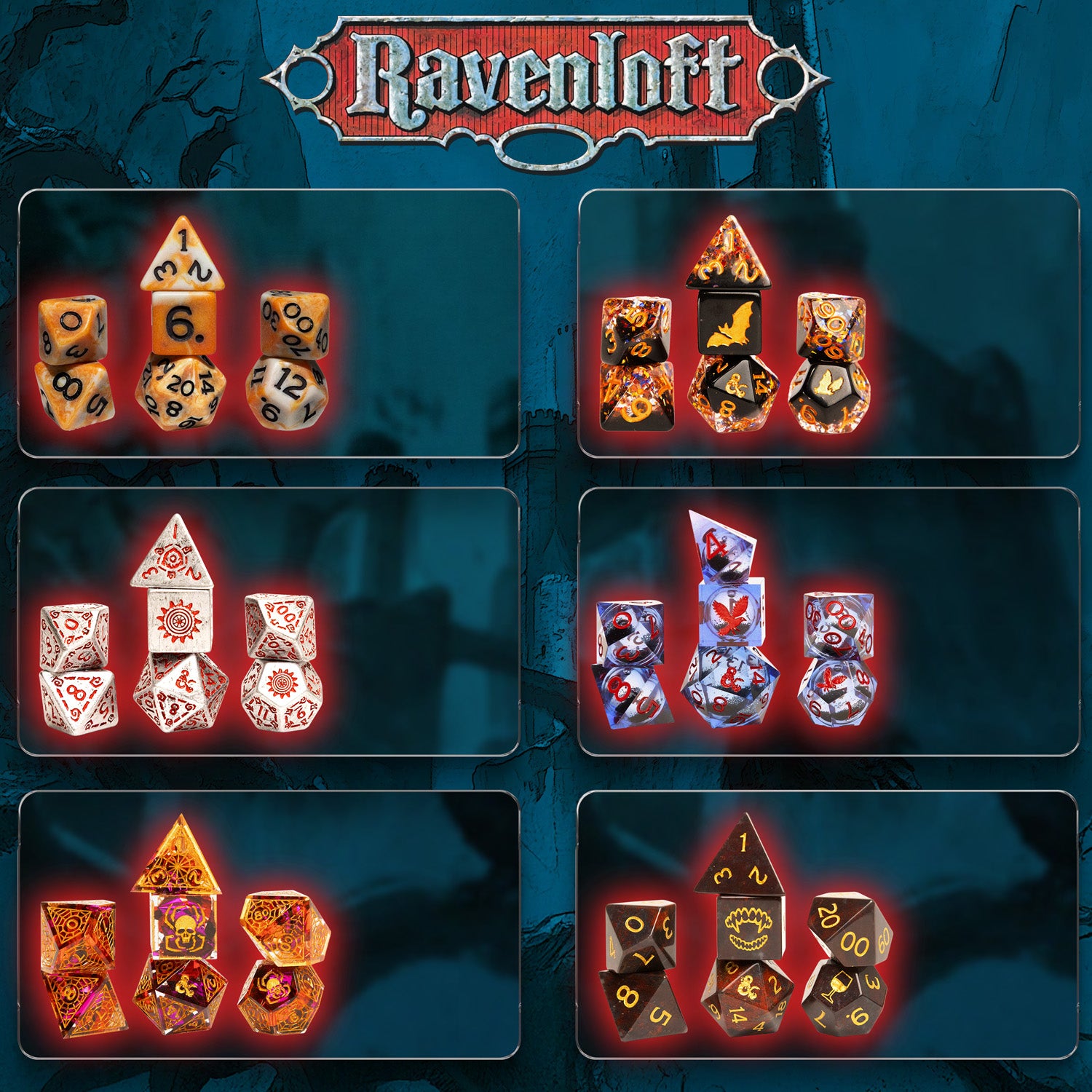 Set of dice with various designs on a dark background, featuring the 'Ravenloft' logo.