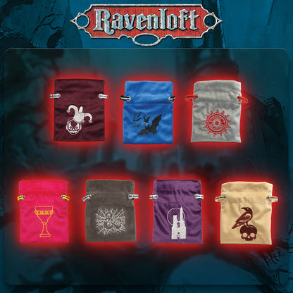 Set of eight small bags with various designs on a dark background with 'Ravenloft' branding.