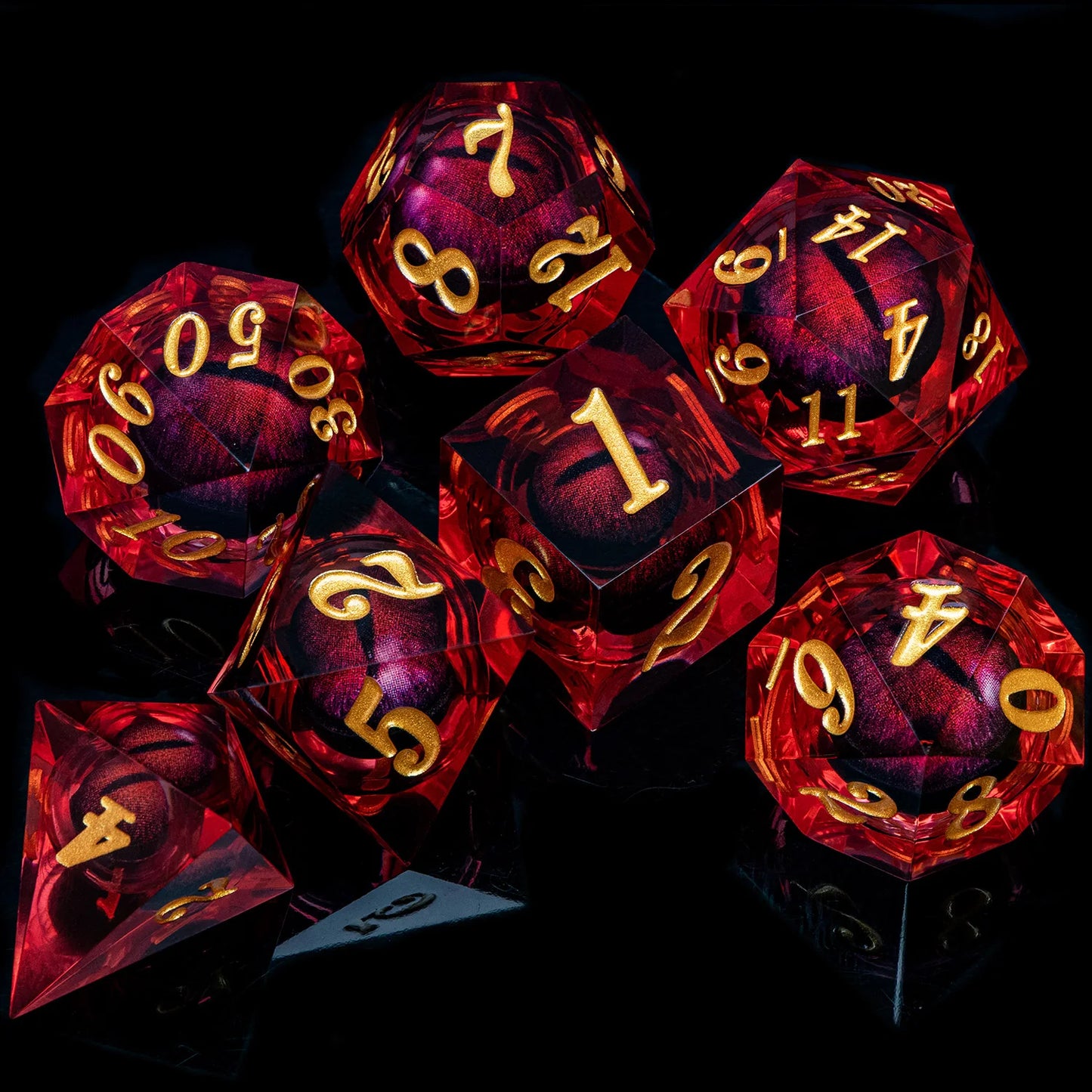 7 Piece Handcrafted Sharp Edged Dice Set With Liquid Core Eyeball