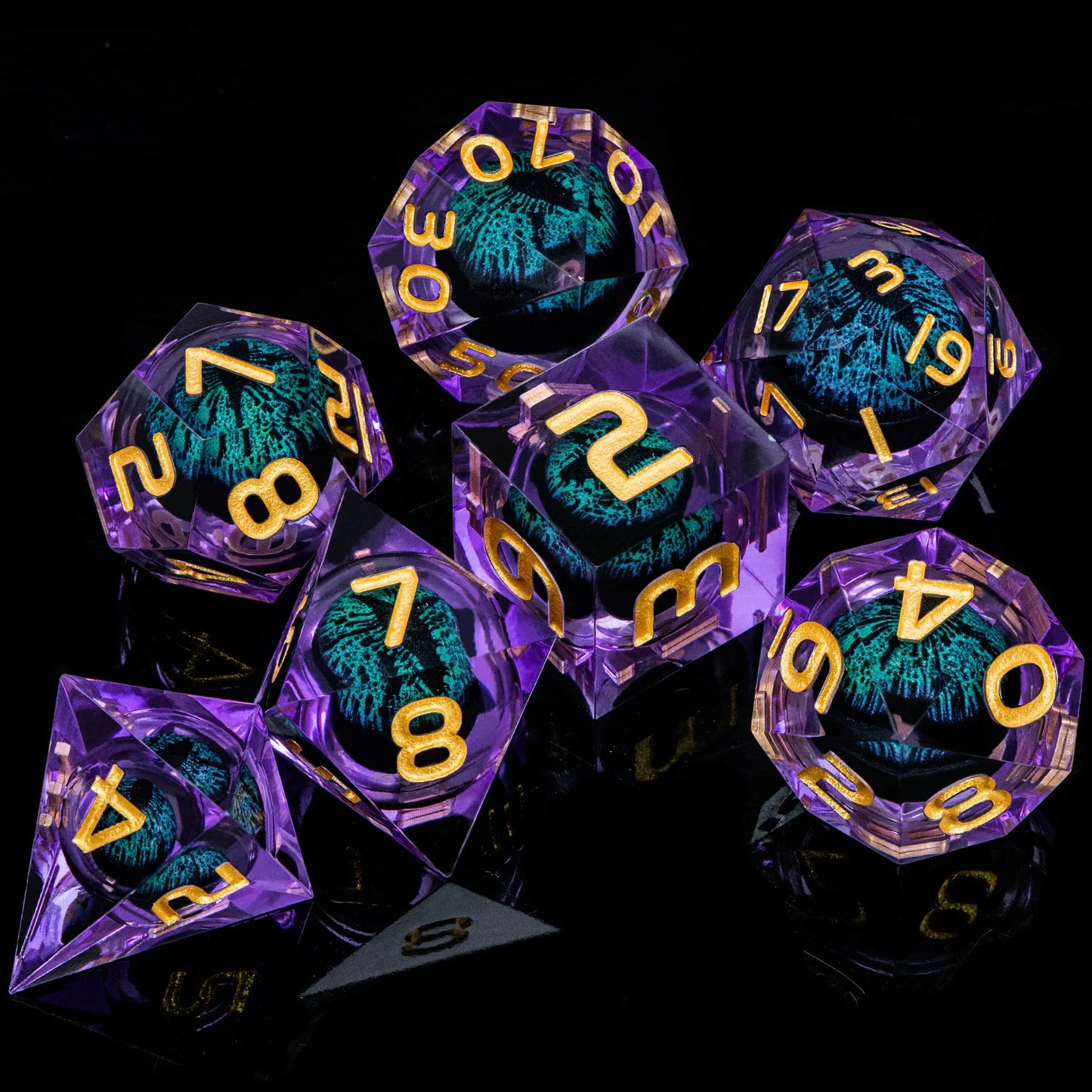 7 Piece Handcrafted Sharp Edged Dice Set With Liquid Core Eyeball