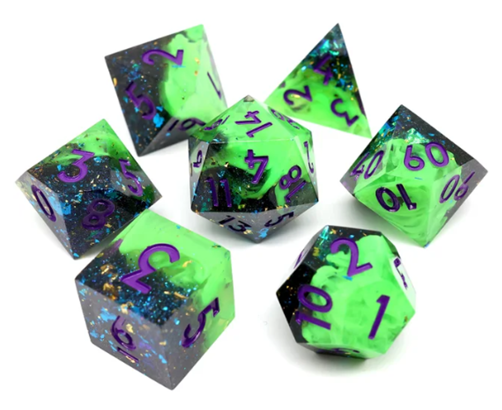 Resin Sharp Edged Themed 7 Piece Polyhedral Dice Set