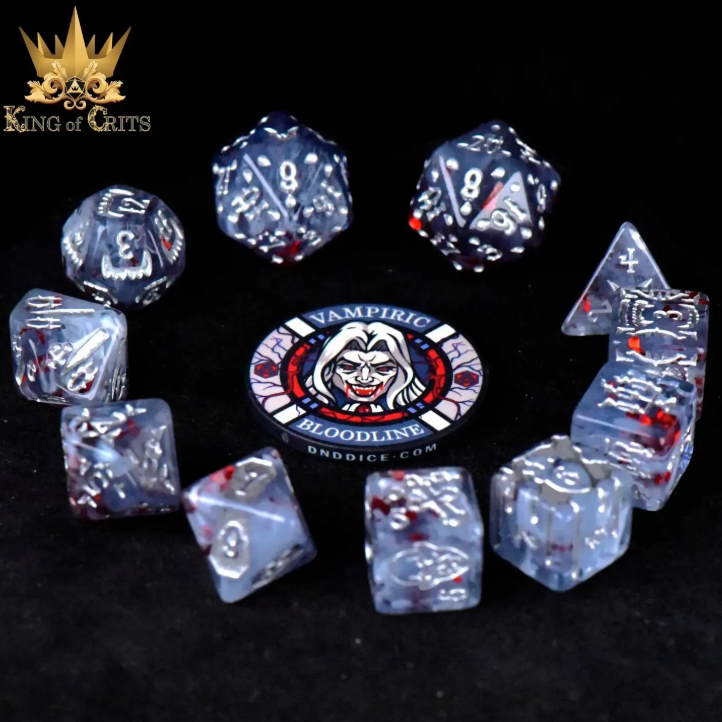 Set of dice with a central logo on a black background, featuring the brand 'King of Crits'.
