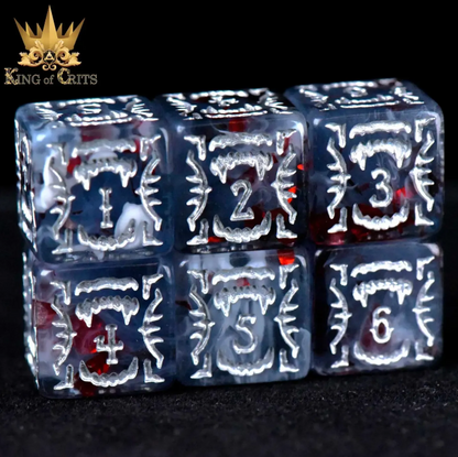 Set of six transparent dice with numbers on a black background, branded 'King of Crits'.
