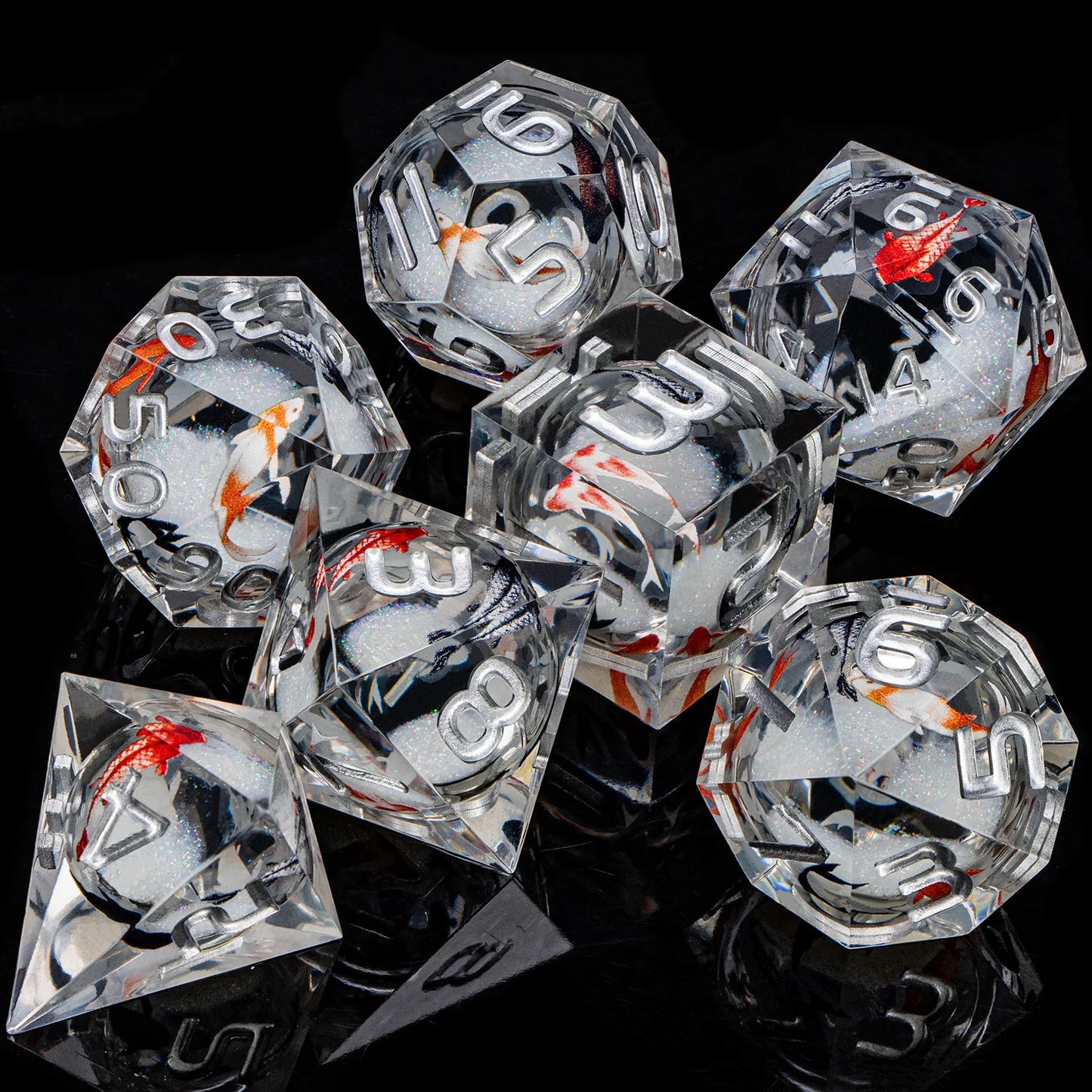 7 Piece Handcrafted Sharp Edged Dice Set With Liquid Core Eyeball