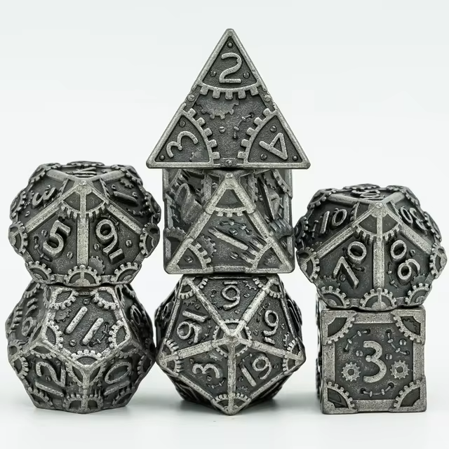 Metal Steampunk Style 7 Piece Polyhedral Dice Set With Bag