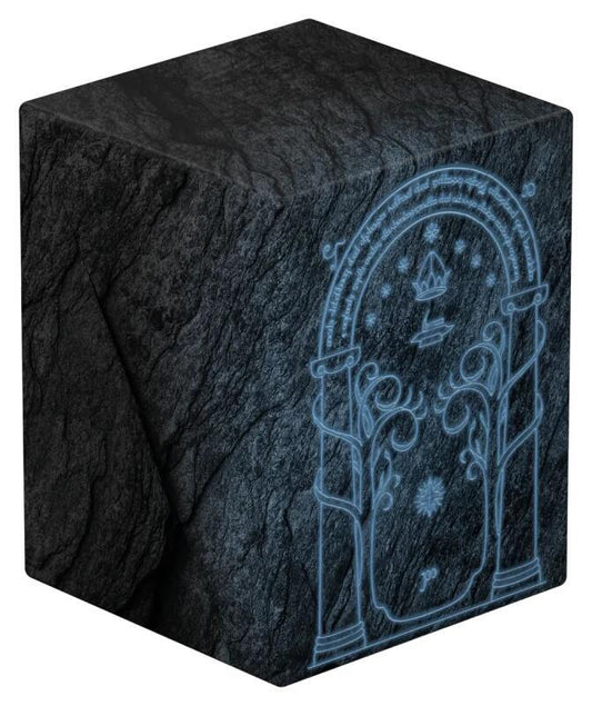 Black cube with blue engraved design on a white background