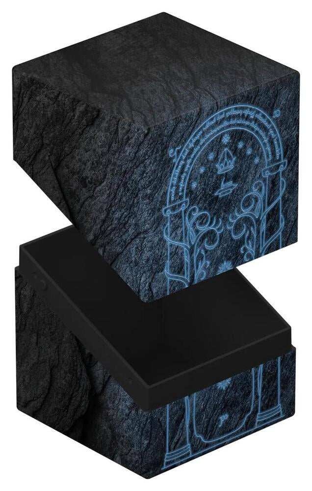 Black stone-like box with blue engraved design on a white background