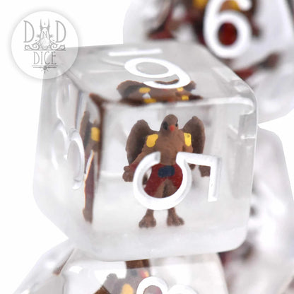 bird man dice set close up