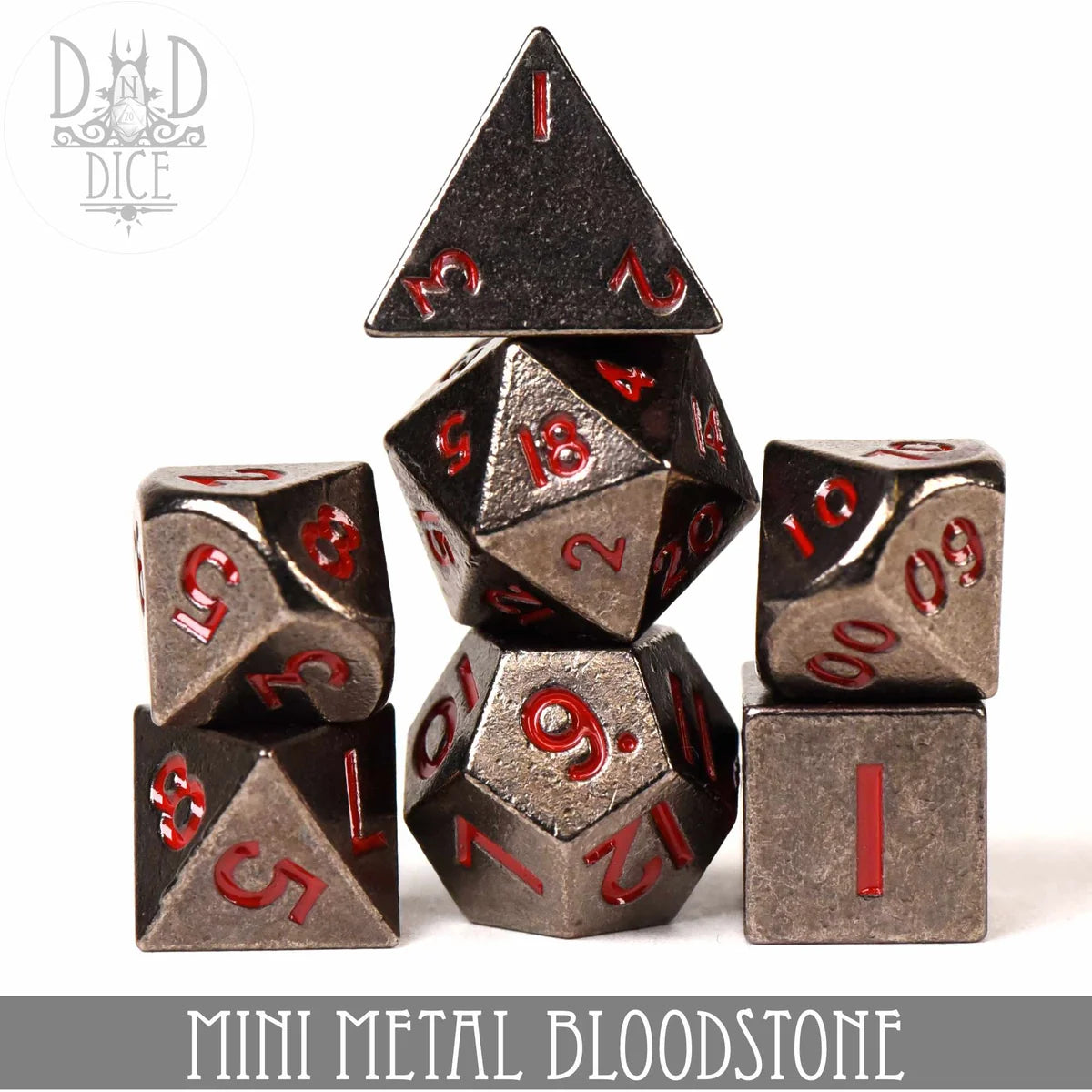 metal mini bloodstone dice set stacked