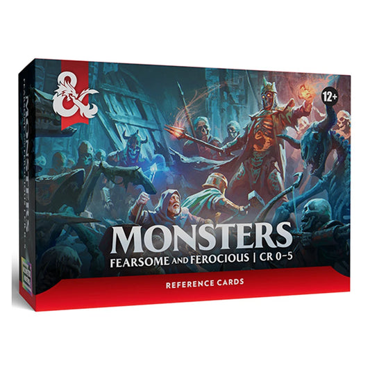 Board game box for 'Monsters: Fearsome and Ferocious' reference cards with characters in a battle scene.