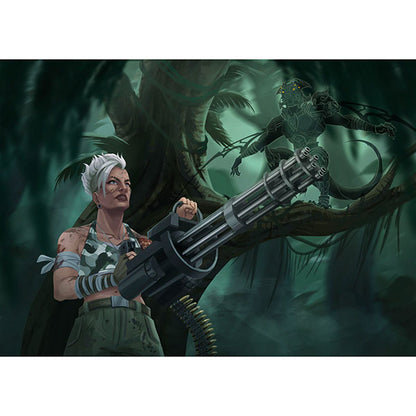 Character holding a large weapon in a jungle setting with another creature in the background