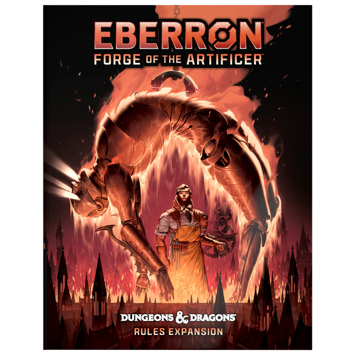 Dungeons & Dragons Eberron: Forge of the Artificer rules expansion cover with a character and giant creature.