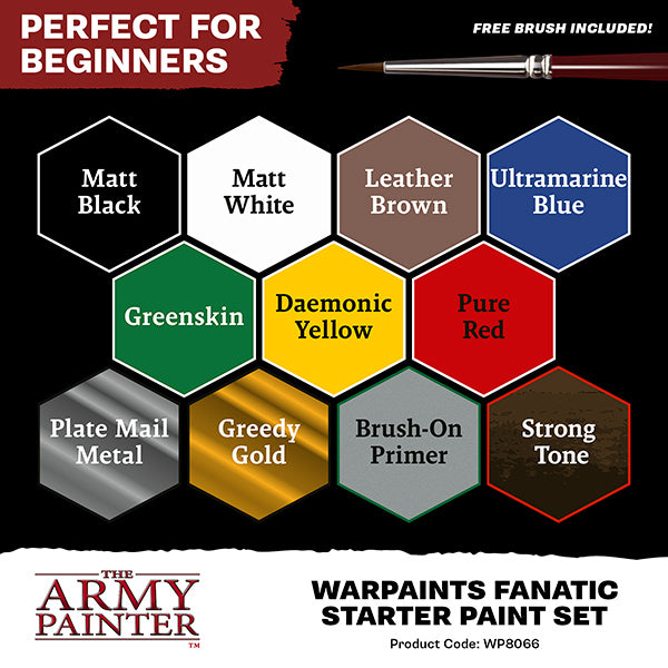 The Army Painter - Warpaint: Fanatic Starter Paint Set (11 colors + 1 brush + 1 miniature)