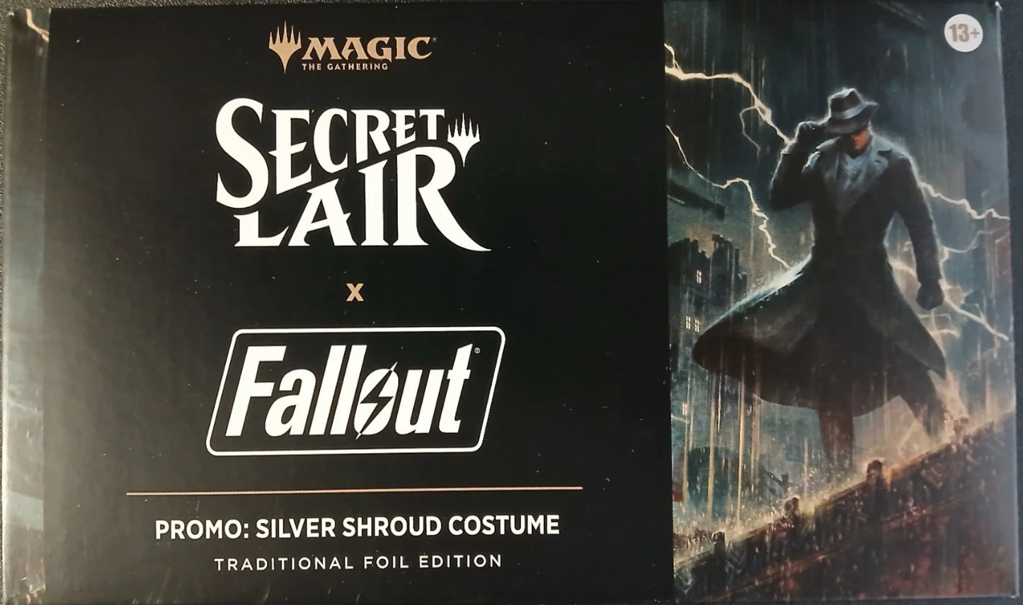 Product packaging for 'Secret Lair x Fallout' with a character in a silver shroud costume.