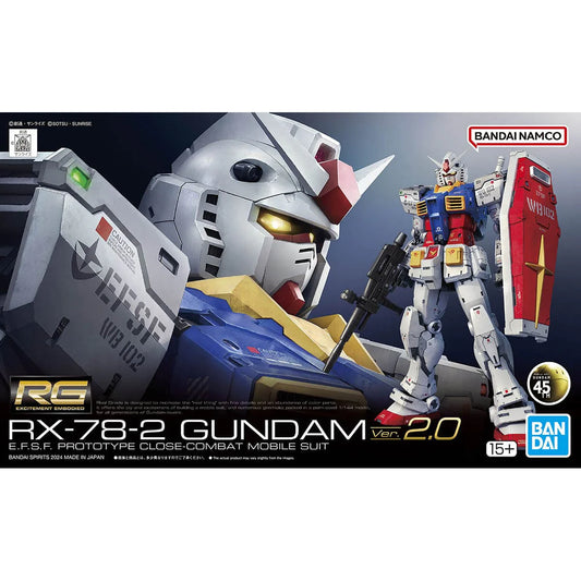 Model kit packaging of RX-78-2 Gundam Ver. 2.0 with Bandai Namco branding.