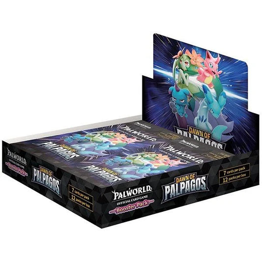 A Palworld official card game booster pack display box featuring artwork of two Palapagos characters on a dark blue and black background, with the Palworld logo visible on the packaging.