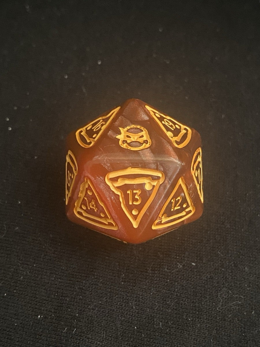 Dark Red 20 sided dice with pizza slices surronding each number and a turtle fave for the 20.