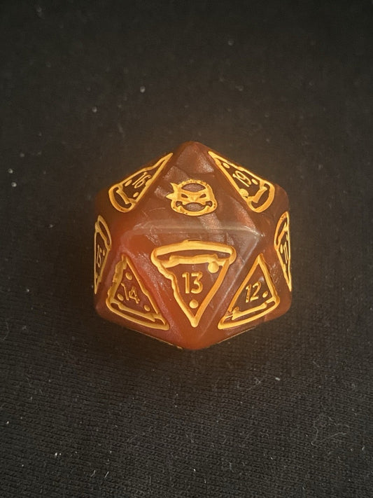 Dark Red 20 sided dice with pizza slices surronding each number and a turtle fave for the 20.