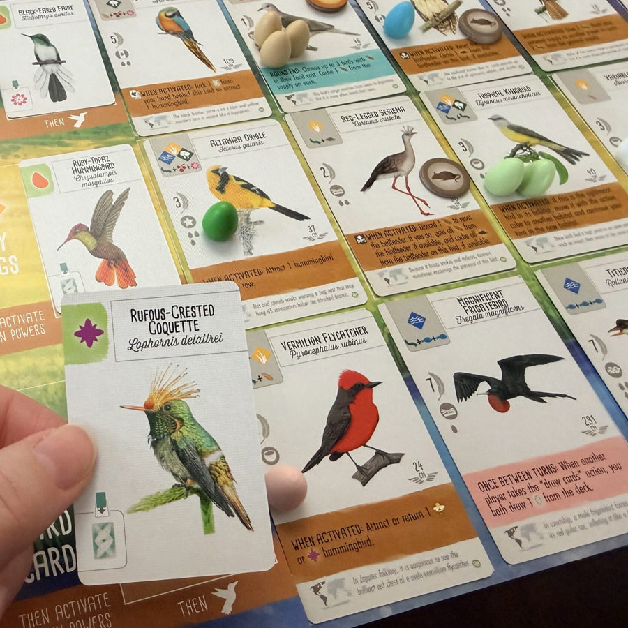 Collection of bird-themed cards with a hand holding one card.