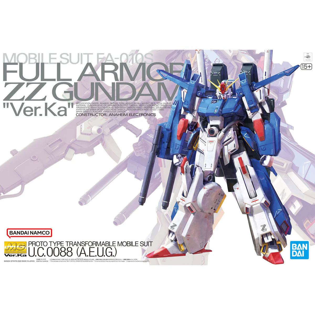 Model kit box for Full Armored ZZ Gundam Ver. Ka with detailed design and branding.