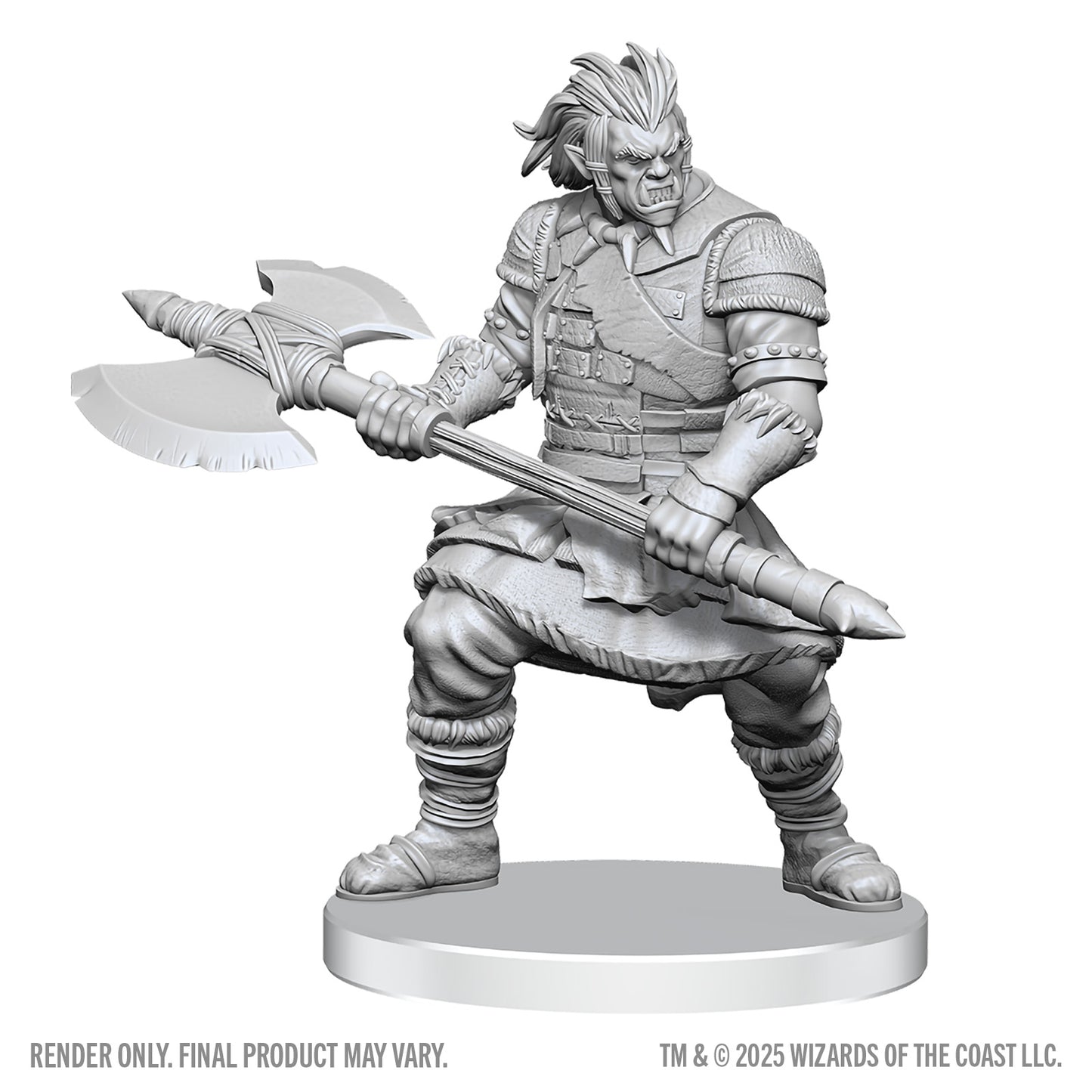 Unpainted miniature figure of a warrior with an axe on a white background