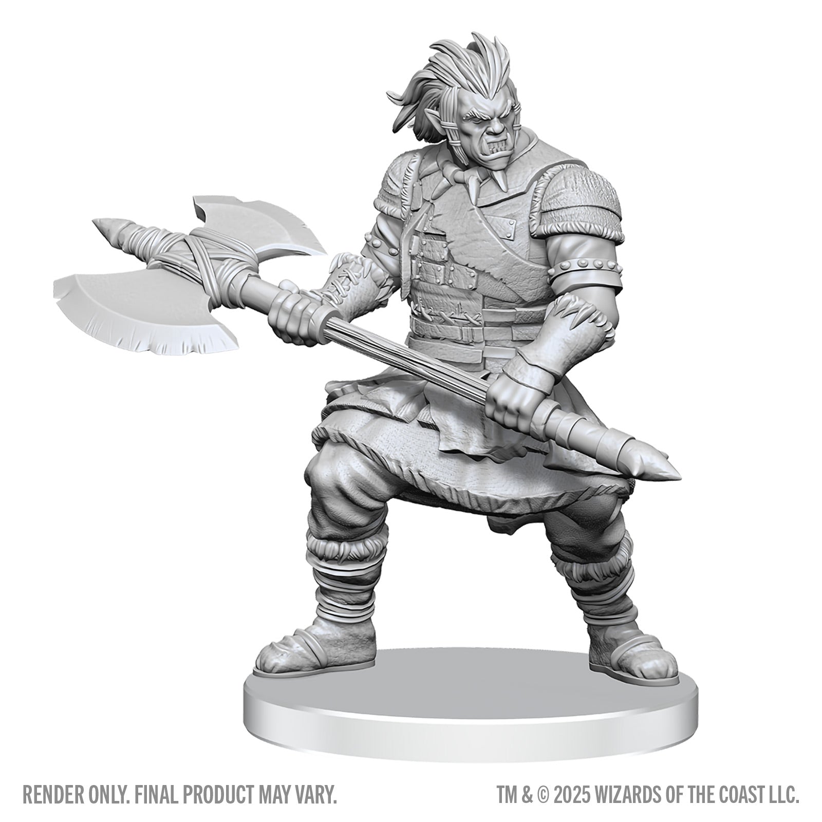 Unpainted miniature figure of a warrior with an axe on a white background