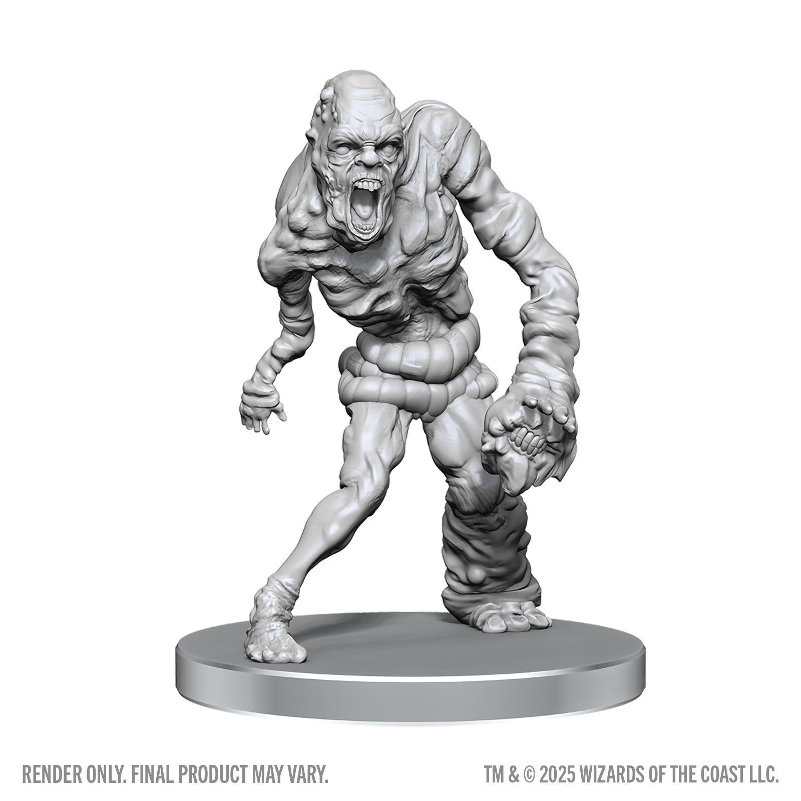 Unpainted monster figurine on a gray base with 'Wizards of the Coast' branding.
