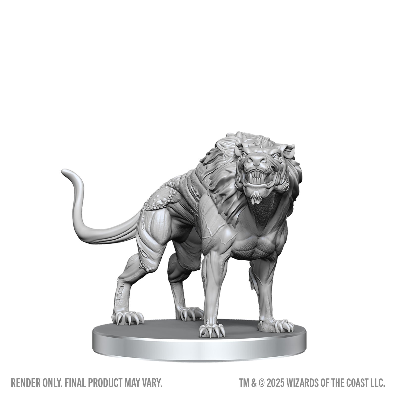 Unpainted lion figurine on a white background with 'Wizards of the Coast' branding.