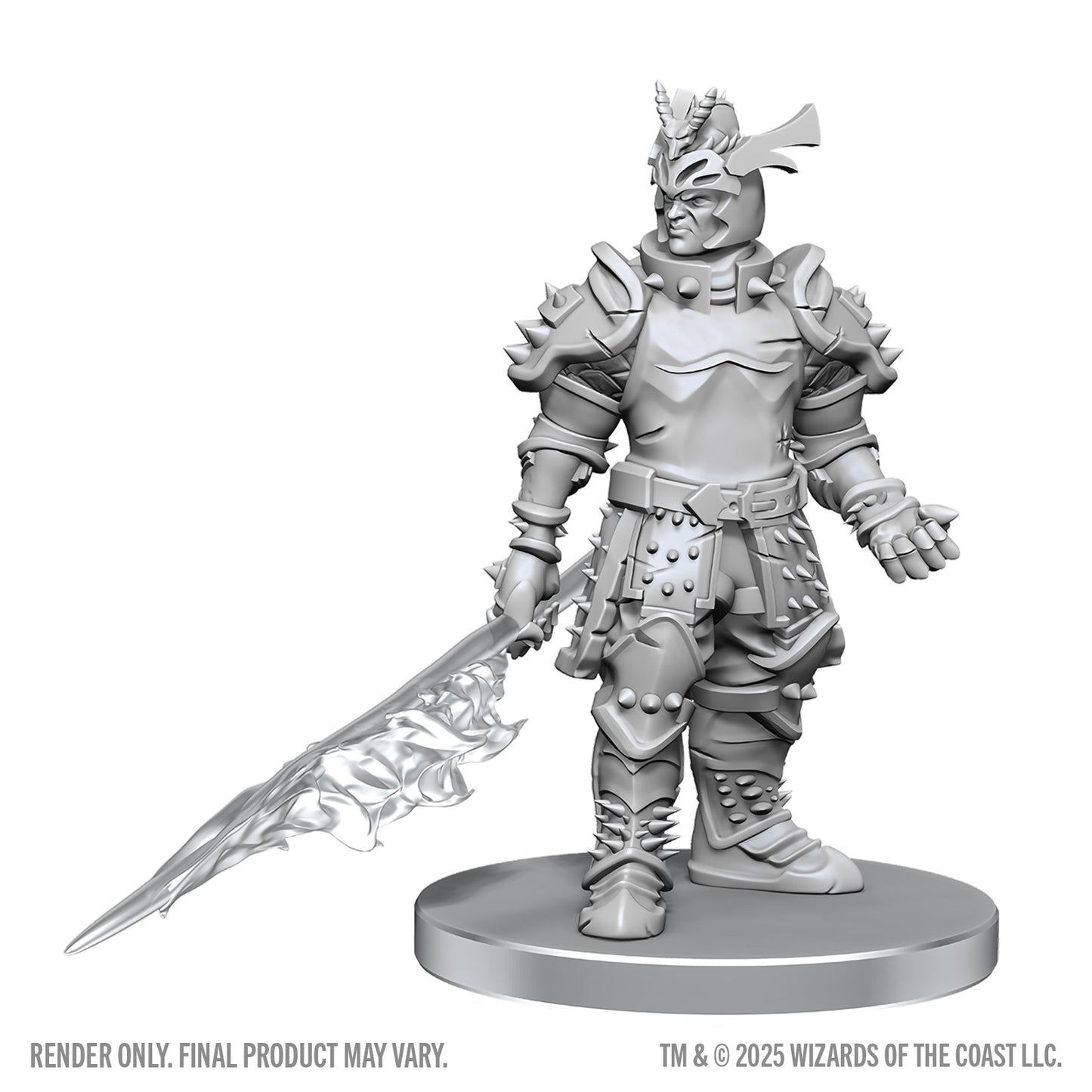 Unpainted fantasy warrior figurine with armor and sword on a white background