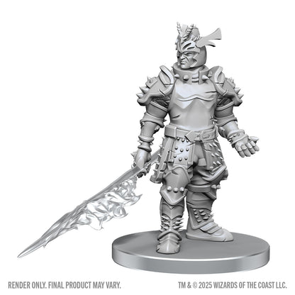 Unpainted fantasy warrior figurine with armor and sword on a white background