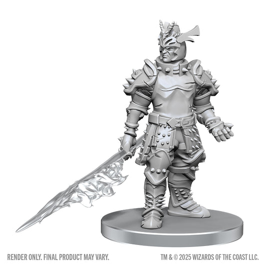 Unpainted fantasy warrior figurine with armor and sword on a white background