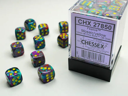 chessex D6 festive dice set 12mm mosaic yellow