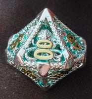 Metallic Cthulu / Octopus Themed Polyhedral 7 Die / Dice Set - Silver / Green / Gold