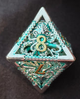Metallic Cthulu / Octopus Themed Polyhedral 7 Die / Dice Set - Silver / Green / Gold