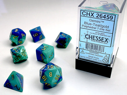chessex polyhedral gemini dice set blue-teal gold