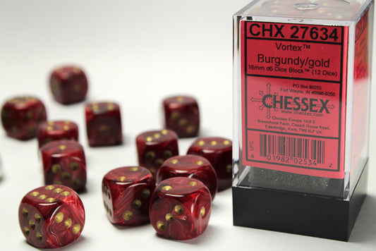 chessex D6 vortex dice set 16mm burgundy gold