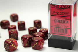 chessex D6 vortex dice set 16mm burgundy gold