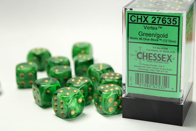 chessex D6 vortex dice set 16mm green gold