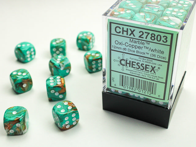 chessex d6 marble dice set 12mm oxi-copper white