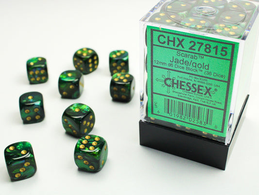 chessex d6 scarab dice set 12mm jade gold