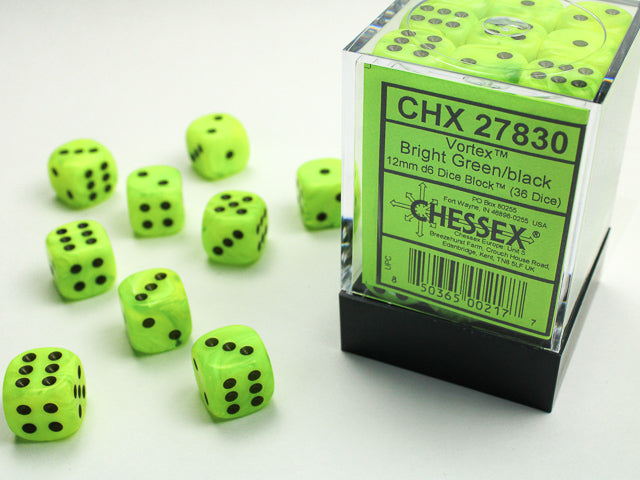 chessex d6 vortex dice set 12mm bright green black