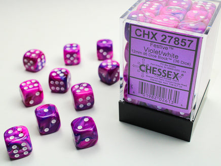 chessex D6 festive dice set 12mm violet white