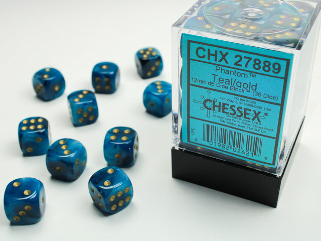 chessex d6 phantom dice set 12mm teal gold