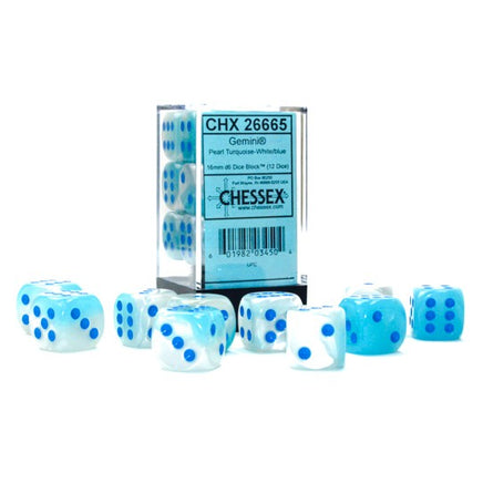 chessex d6 gemini dice set 16mm pearl turquoise white blue