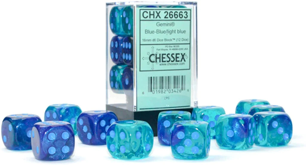 chessex d6 gemini dice set 16mm blue blue light blue