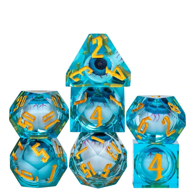 7 Piece Handcrafted Sharp Edged Dice Set With Liquid Core Eyeball